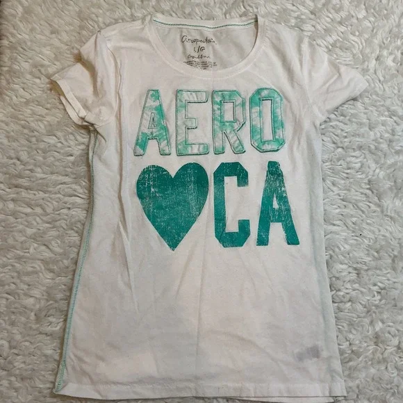 Aeropostale Aero CA Graphic Tee White Turquoise Y2K Baby Tee Size L/G - Picture 1 of 3